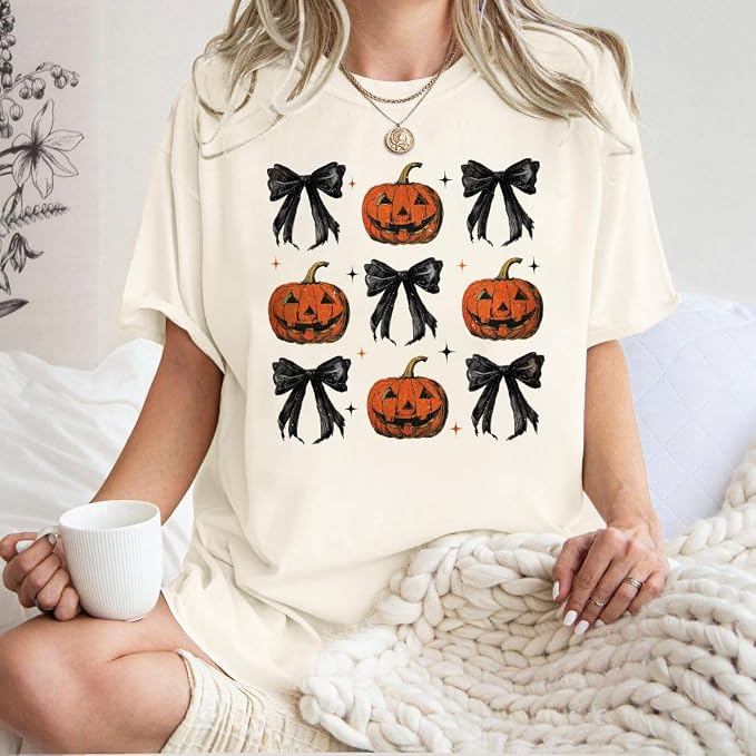 FAYALEQ Women's Pumpkin Bow Coquette Oversized Crewneck T-Shirt, Ivory