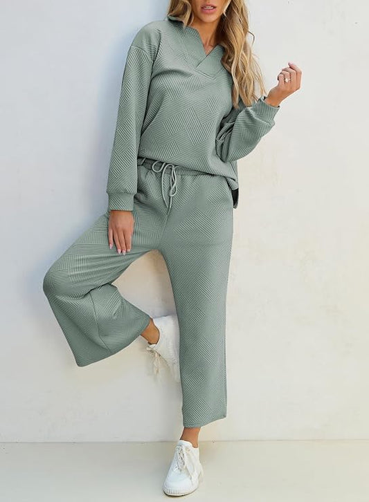 SHEWIN Women's 2-Piece Polo Lounge Set - Collared V-Neck Top & Pants, Green