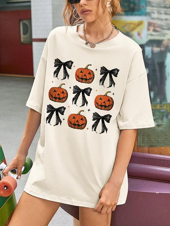 FAYALEQ Women's Pumpkin Bow Coquette Oversized Crewneck T-Shirt, Ivory