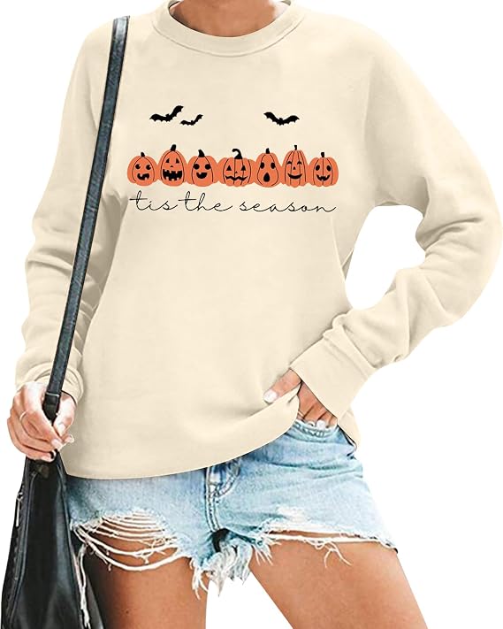 Women's Halloween Pumpkin Face Graphic Crewneck Sweatshirt, Cream Size Medium