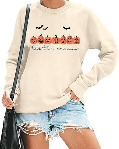 Women's Halloween Pumpkin Face Graphic Crewneck Sweatshirt, Cream Size Medium