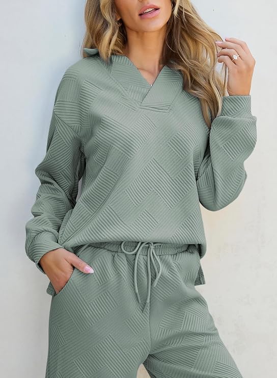 SHEWIN Women's 2-Piece Polo Lounge Set - Collared V-Neck Top & Pants, Green
