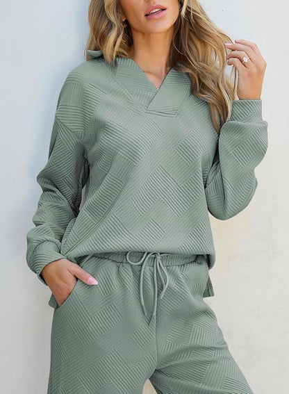 SHEWIN Women's 2-Piece Polo Lounge Set - Collared V-Neck Top & Pants, Green