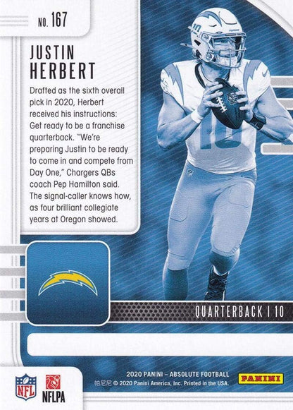 Justin Herbert 2020 Panini Absolute #167 Rookie Card Los Angeles Chargers