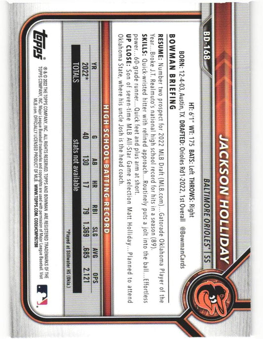 2022 Bowman Jackson Holliday 1st Bowman #BD-168 Baltimore Orioles