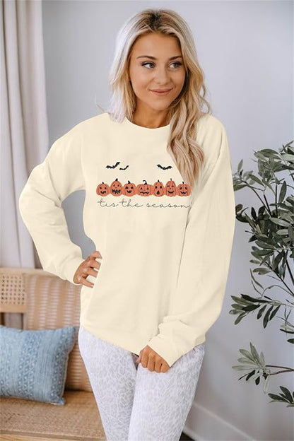 Women's Halloween Pumpkin Face Graphic Crewneck Sweatshirt, Cream Size Medium
