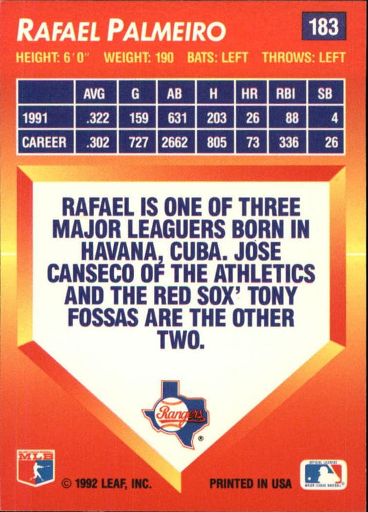 1992 Leaf Rafael Palmeiro #183 Texas Rangers