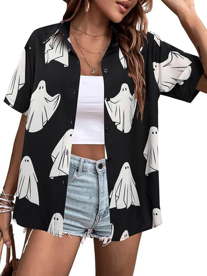 LOTUCY Women's Halloween Allover Print Short Sleeve Button-Down Shirt