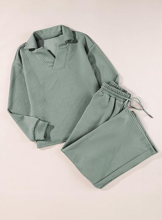 SHEWIN Women's 2-Piece Polo Lounge Set - Collared V-Neck Top & Pants, Green