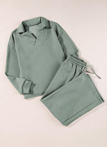 SHEWIN Women's 2-Piece Polo Lounge Set - Collared V-Neck Top & Pants, Green