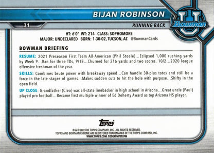 2022 Bowman University Chrome Rookie #31 Bijah Robinson