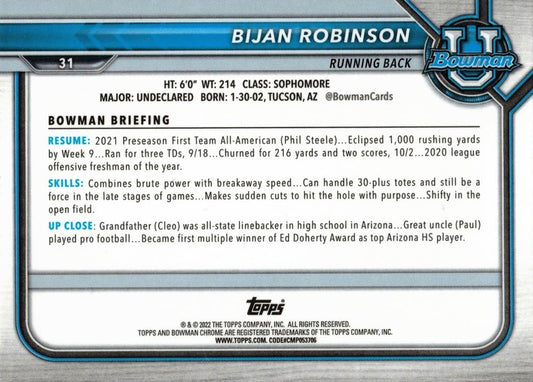 2022 Bowman University Chrome Rookie #31 Bijah Robinson