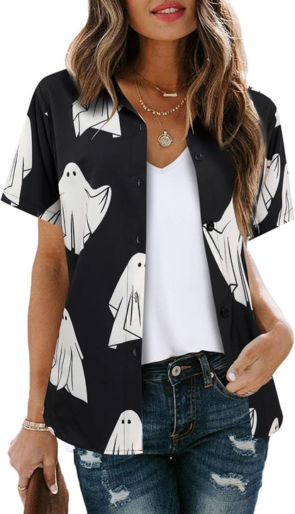 LOTUCY Women's Halloween Allover Print Short Sleeve Button-Down Shirt