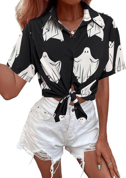 LOTUCY Women's Halloween Allover Print Short Sleeve Button-Down Shirt