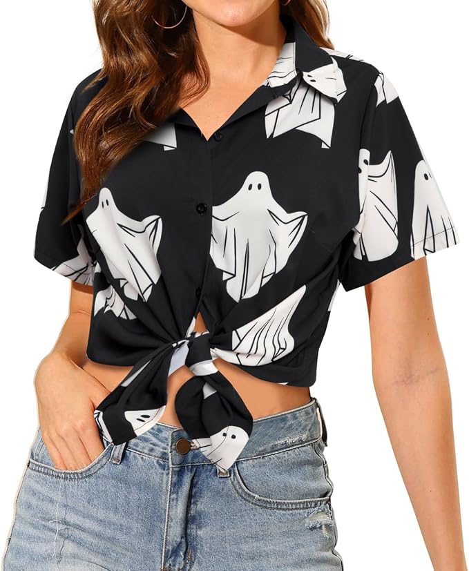 LOTUCY Women's Halloween Allover Print Short Sleeve Button-Down Shirt