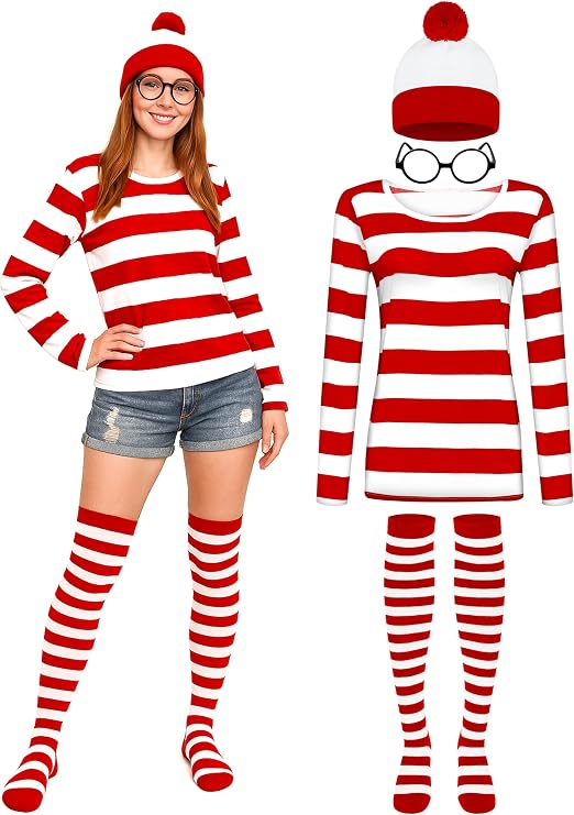 Women's Halloween Costume Set | Red & White Striped Shirt, Beanie, Glasses & Socks