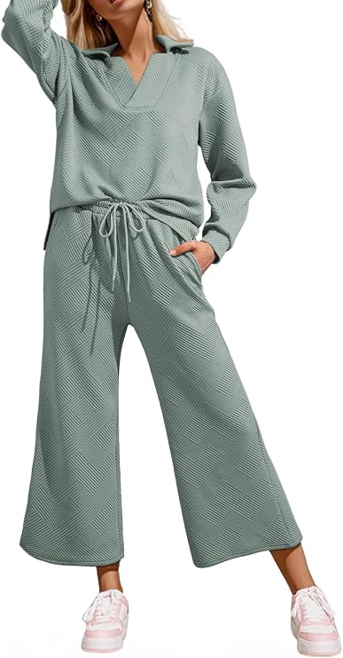 SHEWIN Women's 2-Piece Polo Lounge Set - Collared V-Neck Top & Pants, Green