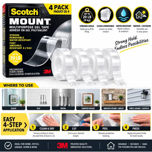 Scotch-Mount Multipurpose Gel Tape Roll, Clear, 1.18 in x 118 in, Holds Up to 20 lbs, Removable Water-Resistant 3M Mounting Tape