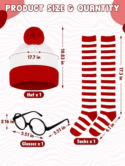 Women's Halloween Costume Set | Red & White Striped Shirt, Beanie, Glasses & Socks