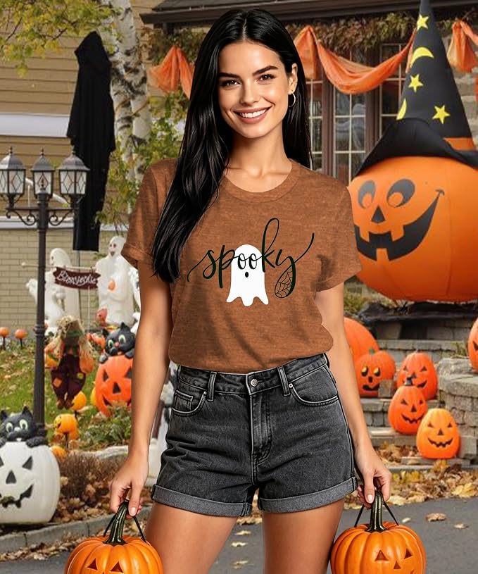 MNLYBABY Women's Orange Ghost Graphic Halloween T-Shirt