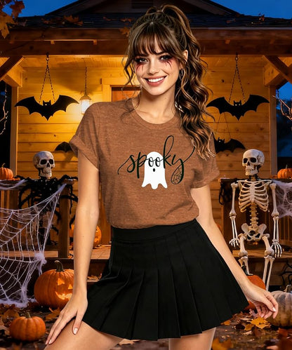 MNLYBABY Women's Orange Ghost Graphic Halloween T-Shirt