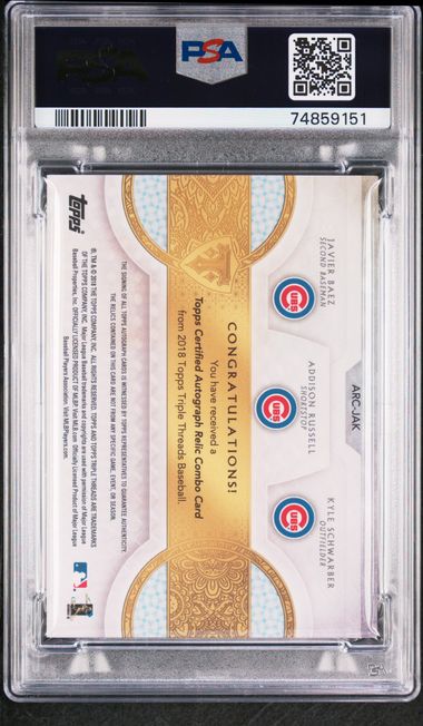 2018 Topps Triple Threads 3x Auto Relic Combo-Emerald Baez Russell Schwarber 18/18 PSA 9 Mint