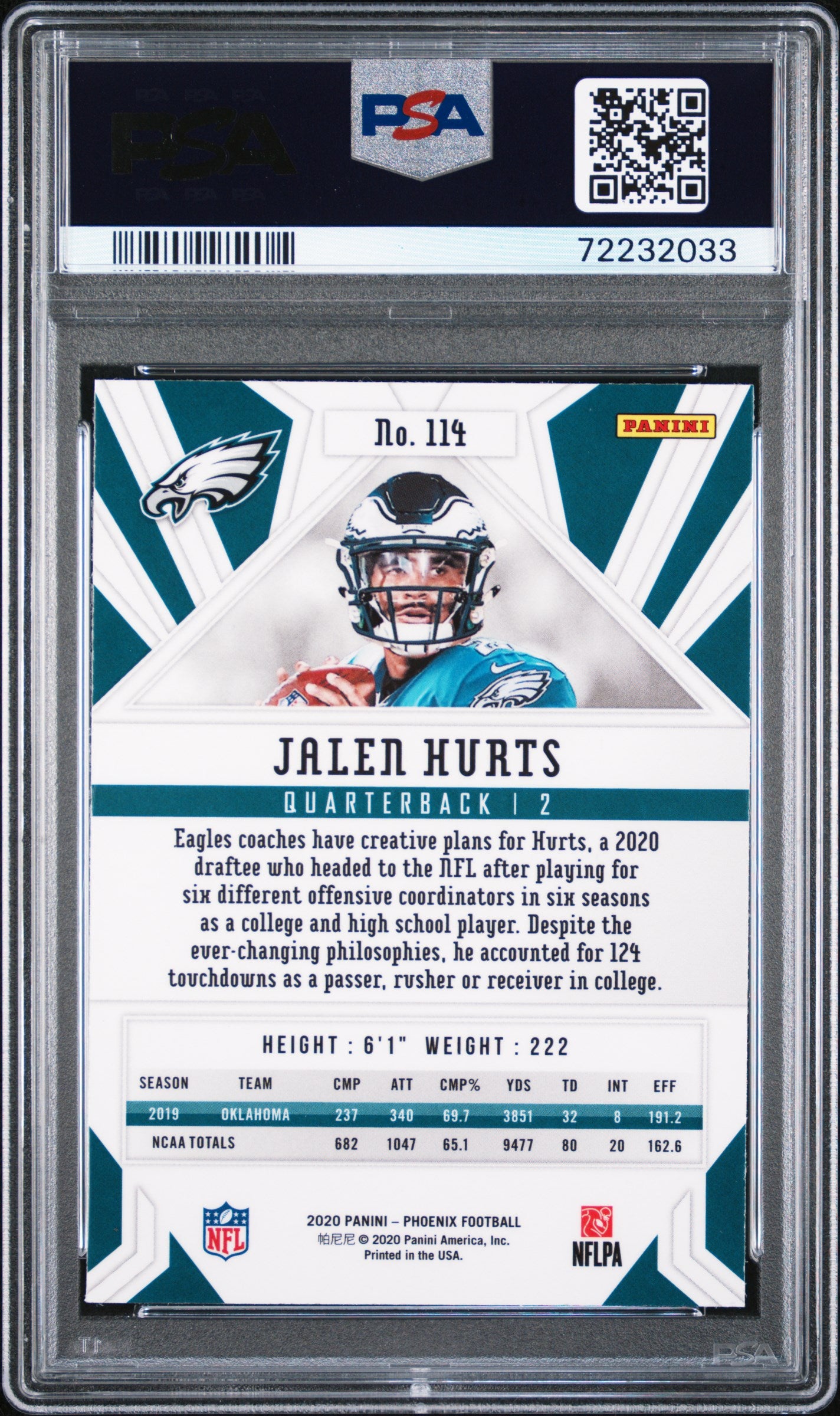 Jalen Hurts RC 2020 Panini Phoenix Fire Burst Rookie #144 Philadelphia Eagles PSA 10 GEM Mint