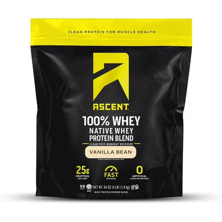 Ascent 100% Whey, Native Whey Protein Blend, Vanilla Bean, 4.25 lbs