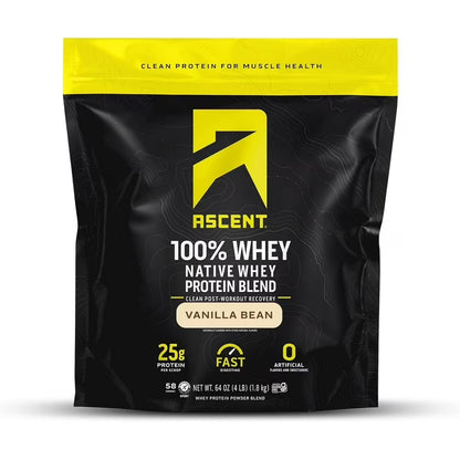 Ascent 100% Whey, Native Whey Protein Blend, Vanilla Bean, 4.25 lbs