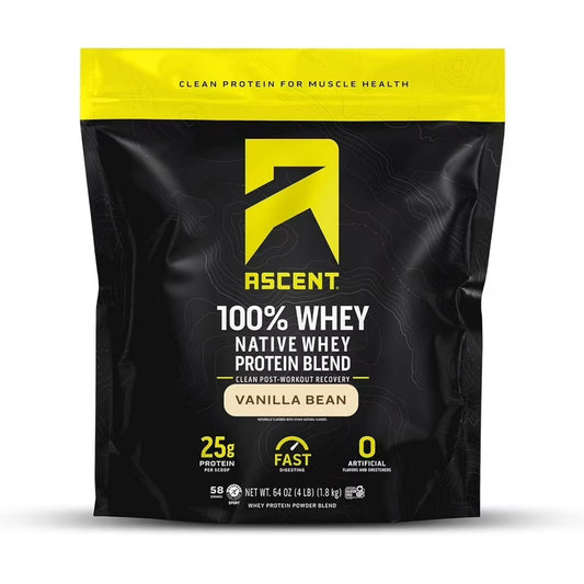 Ascent 100% Whey, Native Whey Protein Blend, Vanilla Bean, 4.25 lbs