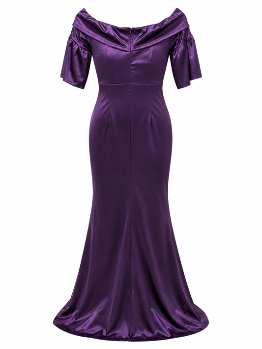 Women's Royal Purple Strapless Formal Dress with Half Sleeve Fringe