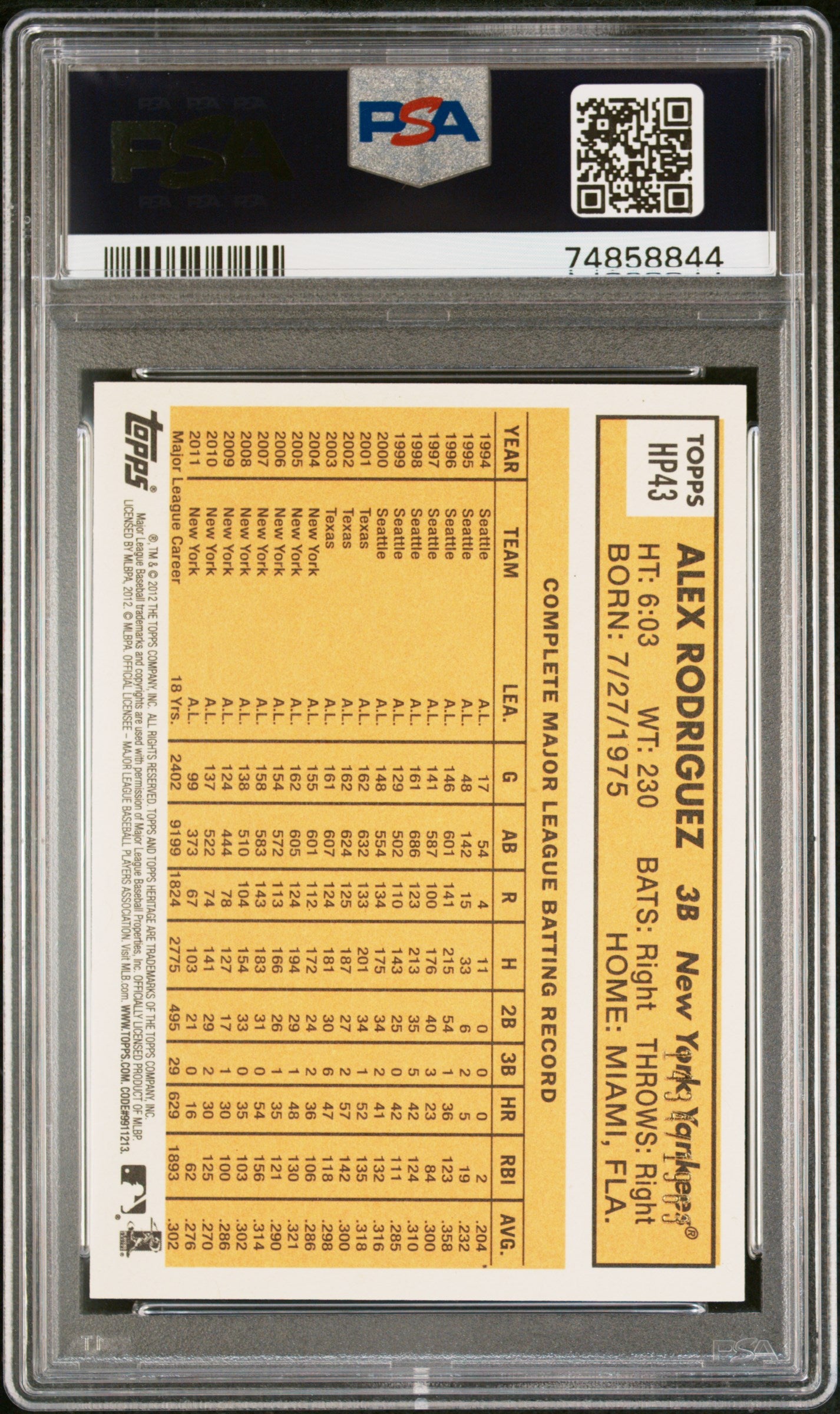 2012 Topps Heritage Chrome Alex Rodriguez Refractor #HP43 #/1963 PSA 10 GEM Mint
