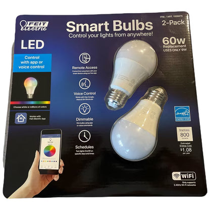 Feit Electric Smart Wi-Fi Color-Changing Dimmable LED Bulbs, 2-Pack