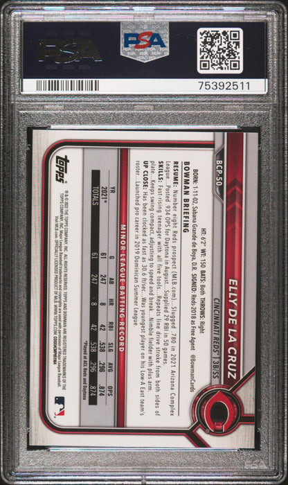 2022 Bowman Sapphire Edition 1st Chrome Prospects Elly De La Cruz #BCP-50 Reds PSA 9 Mint