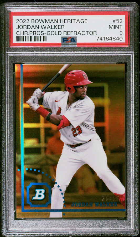 2022 Bowman Heritage #BHPC-52 Jordan Walker Gold Refractor Prospect id#/50 Cardinals PSA 9