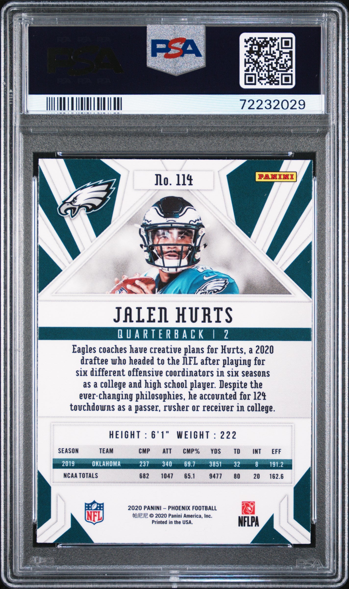 Jalen Hurts RC 2020 Panini Phoenix Fire Burst Rookie #144 Philadelphia Eagles PSA 9 Mint
