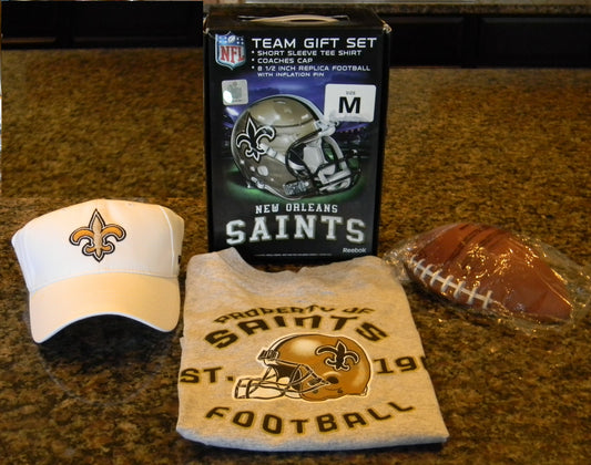 Reebok NFL New Orleans Saints Youth Team Gift Set - T-Shirt, Coach's Cap & Replica Football - Size M