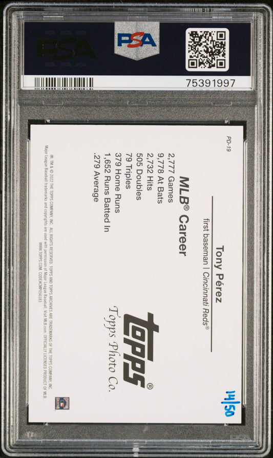 2022 Topps Archives Snapshots Picture Day #/50 Tony Perez Pink SP Reds PD-19 PSA 9 POP 1
