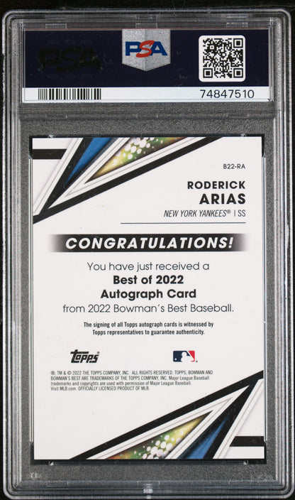 2022 Bowmans Best Roderick Arias Autograph #B22-RA PSA 9 Mint Yankees