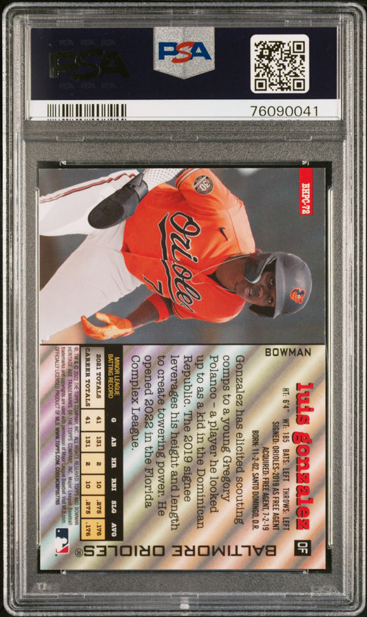 2022 Bowman Heritage Luis Gonzalez 9/25 Orange Refractor #72 Baltimore Orioles PSA 9 Mint