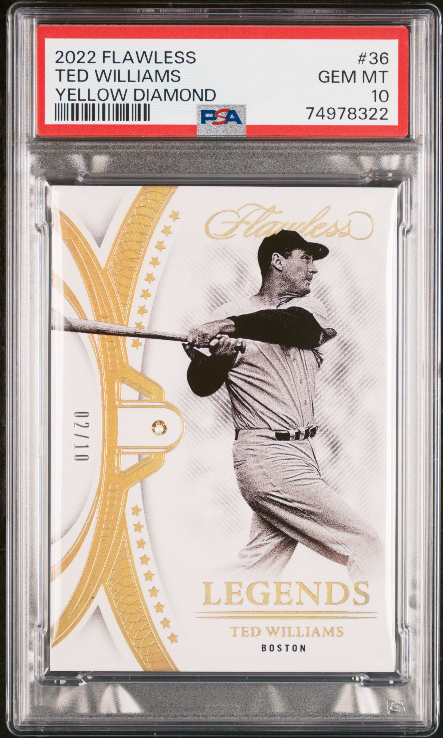 2022 Flawless Ted Williams Yellow Diamond 2/10 #36 PSA 10 GEM Mint POP 1
