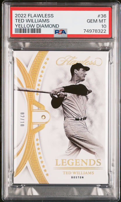2022 Flawless Ted Williams Yellow Diamond 2/10 #36 PSA 10 GEM Mint POP 1