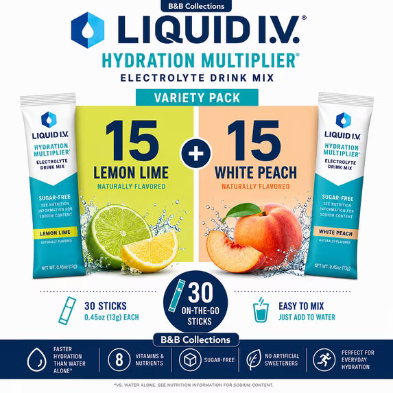 Liquid I.V. Hydration Multiplier Sugar-Free Electrolyte Drink Mix Variety Pack, Lemon Lime & White Peach, 30 On-The-Go Sticks