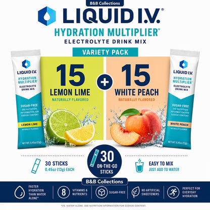 Liquid I.V. Hydration Multiplier Sugar-Free Electrolyte Drink Mix Variety Pack, Lemon Lime & White Peach, 30 On-The-Go Sticks
