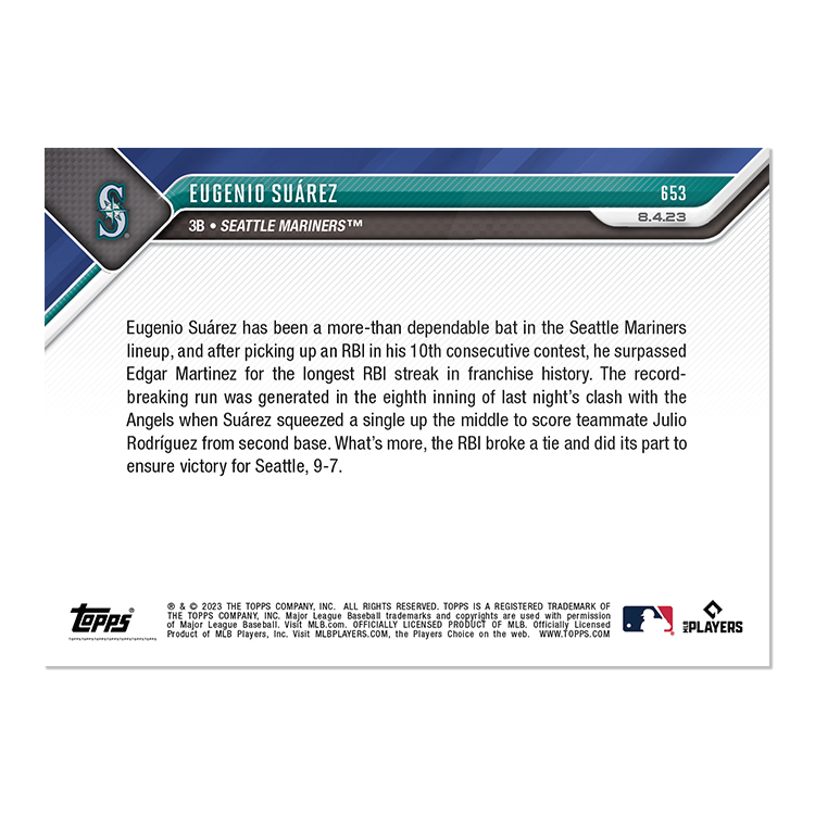 Eugenio Suarez - 2023 MLB TOPPS NOW Card #653 Seattle Mariners - walk-of-famesports