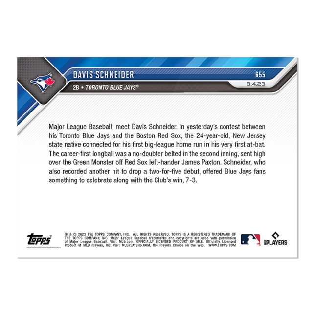 Davis Schneider 2023 MLB TOPPS NOW Card #655 Blue Jays - walk-of-famesports
