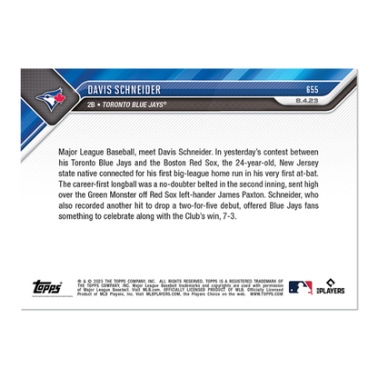 Davis Schneider 2023 MLB TOPPS NOW Card #655 Blue Jays - walk-of-famesports