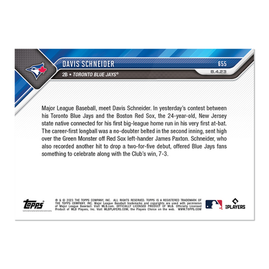 Davis Schneider 2023 MLB TOPPS NOW Card #655 Blue Jays - walk-of-famesports