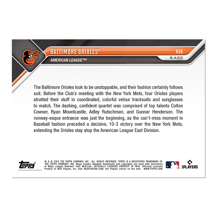 Colton Cowser/Ryan Mountcastle/Adley Rutschman/Gunnar Henderson 2023 MLB TOPPS NOW Card #656 Baltimore Orioles - walk-of-famesports