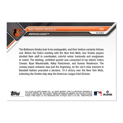 Colton Cowser/Ryan Mountcastle/Adley Rutschman/Gunnar Henderson 2023 MLB TOPPS NOW Card #656 Baltimore Orioles - walk-of-famesports